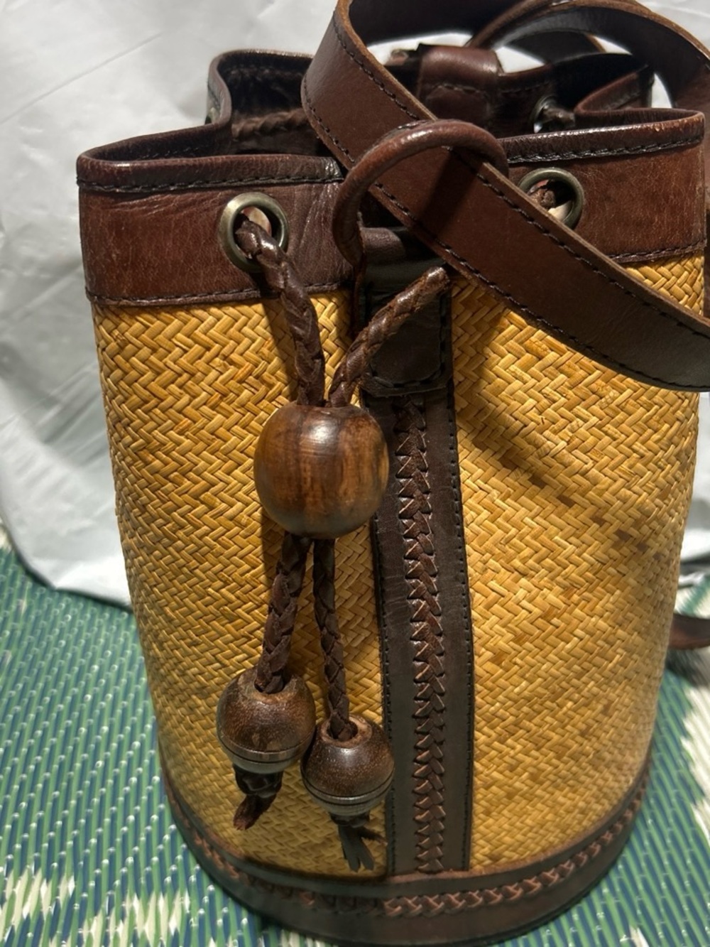 Talbots Yellow Woven Straw Bucket Bag with Brown Leather Trim